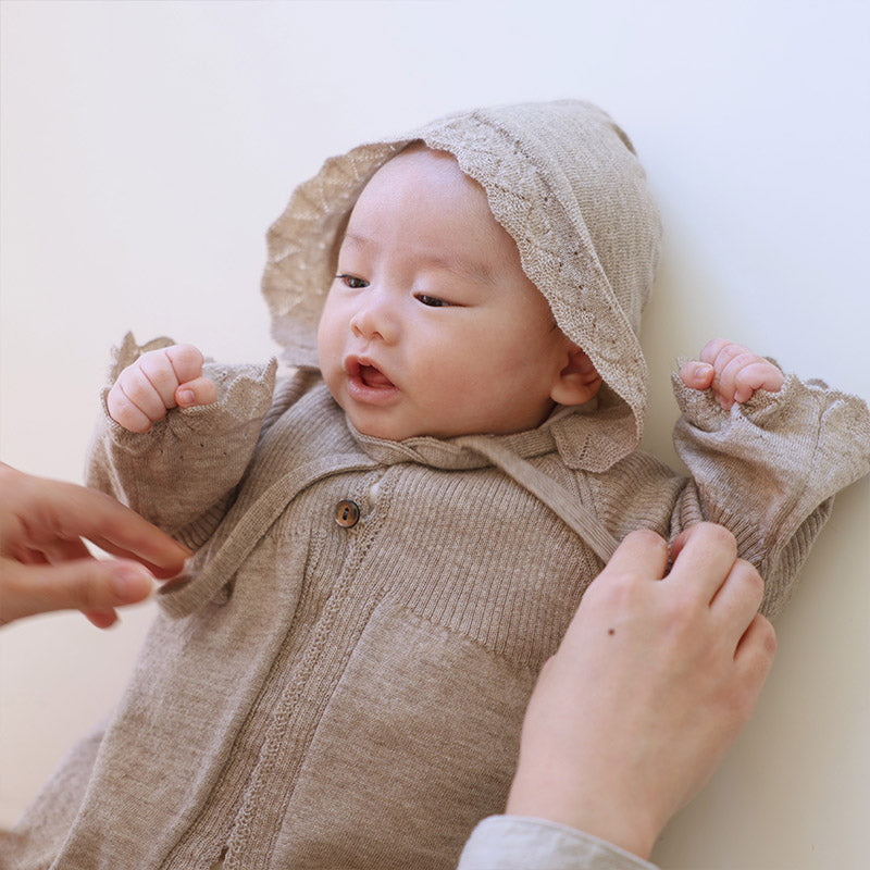 カシミヤ×シルク×コットン ベビードレス＆帽子（ブラウン）