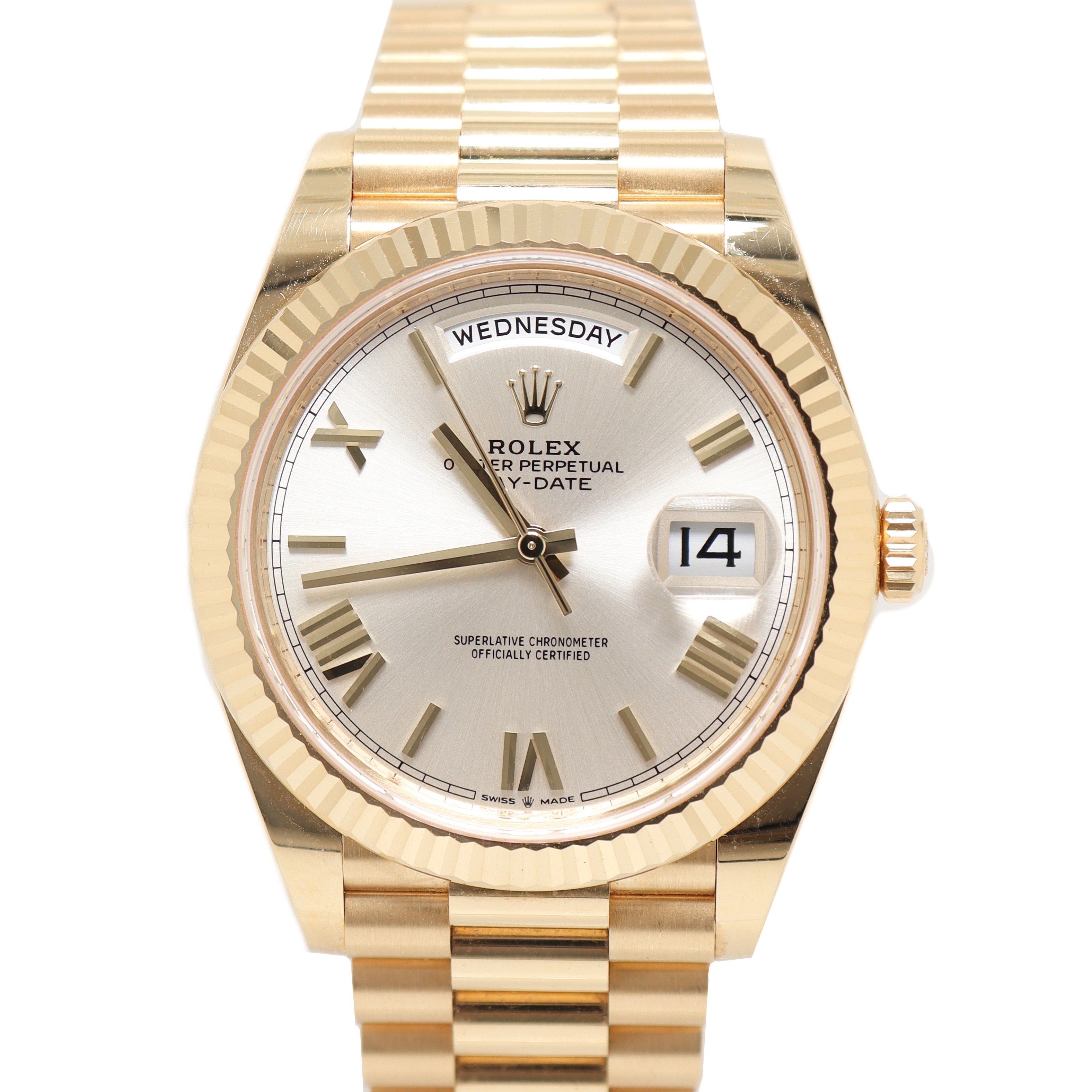 Rolex Day-Date Yellow Gold 40mm Silver Roman Dial Watch Reference