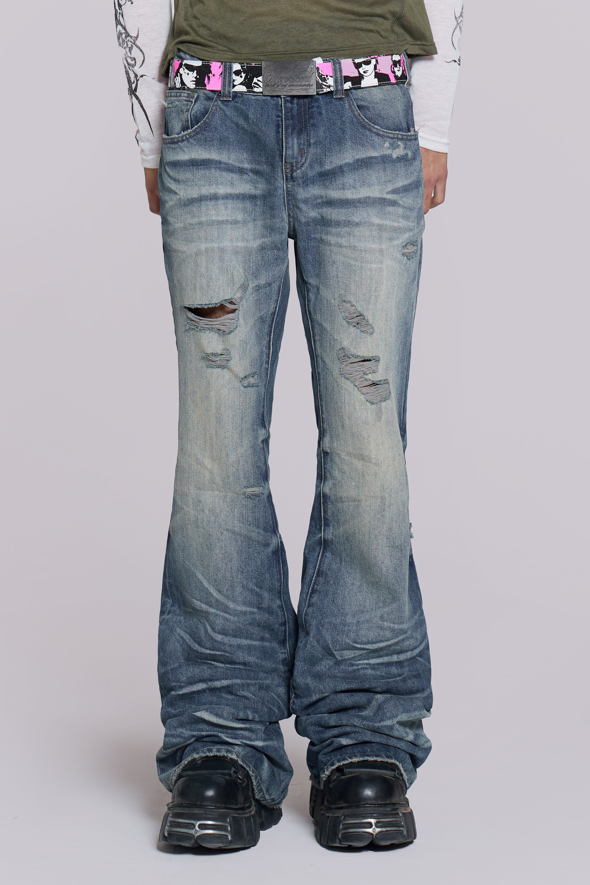 Mid Blue Distressed Creased Drift Bootcut Jeans | Jaded London