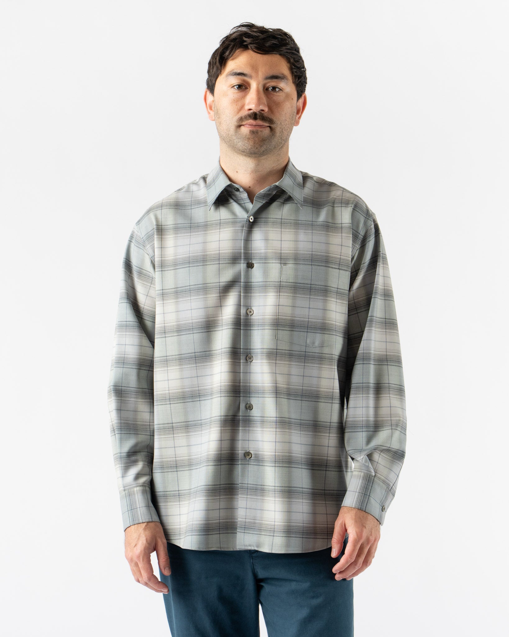 Auralee Super Light Wool Check Shirt in Blue Green Check Curated
