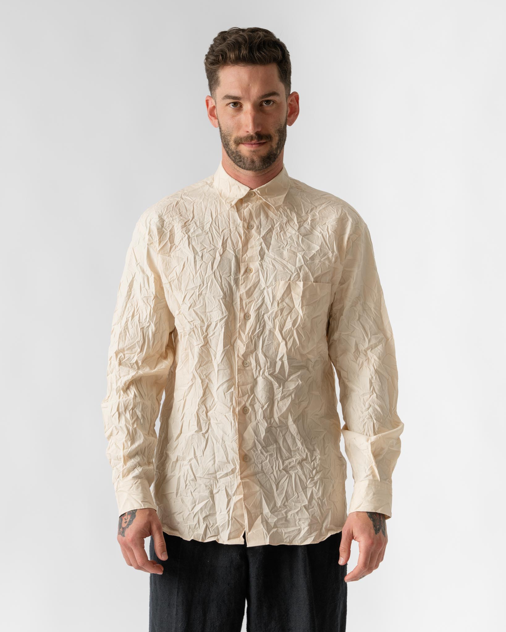 Auralee Wrinkled Washed Finx Twill Shirt in Pink Beige Curated at