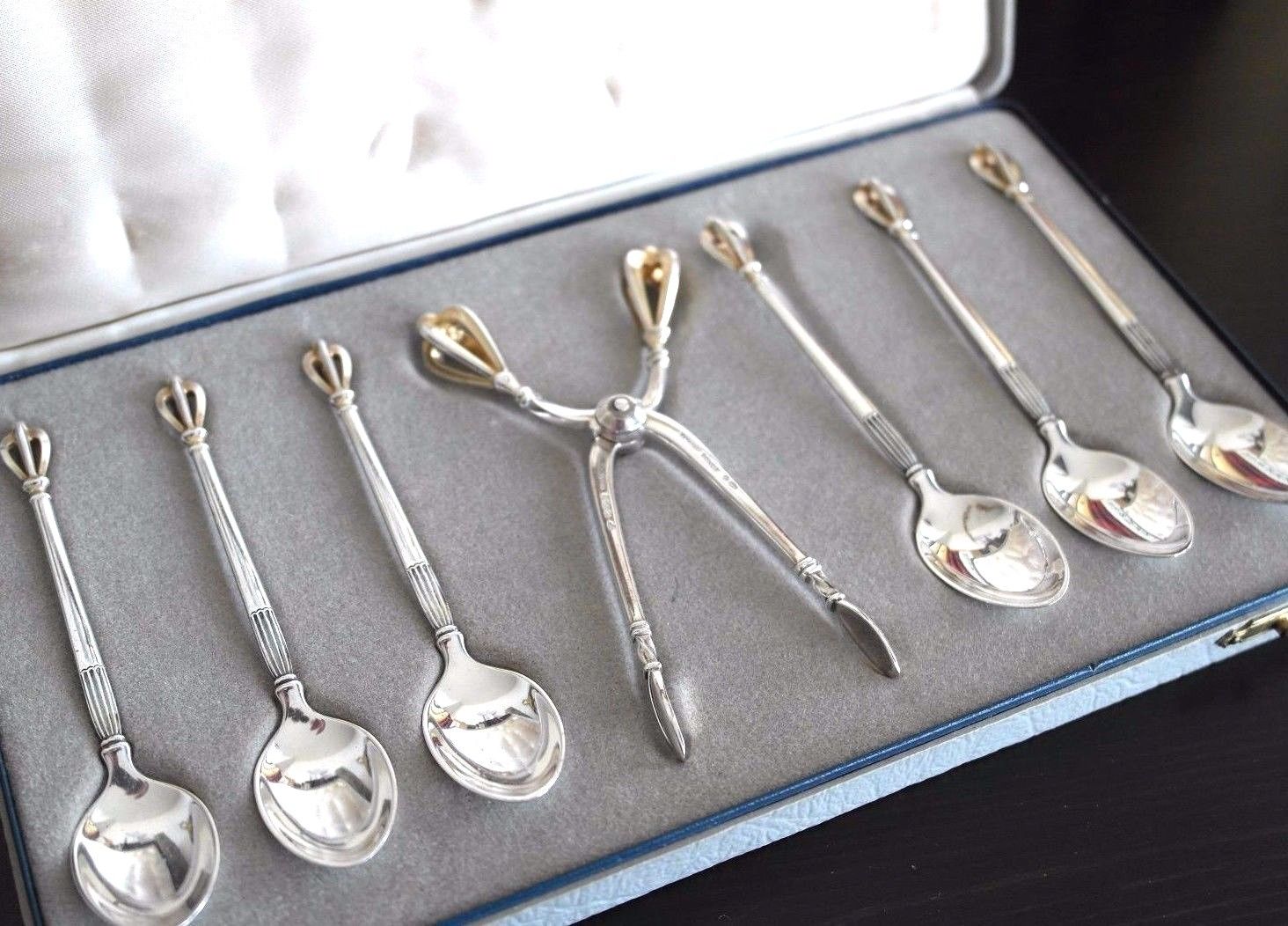 Vintage sterling silver set six spoons plus tongs Denmark W&S