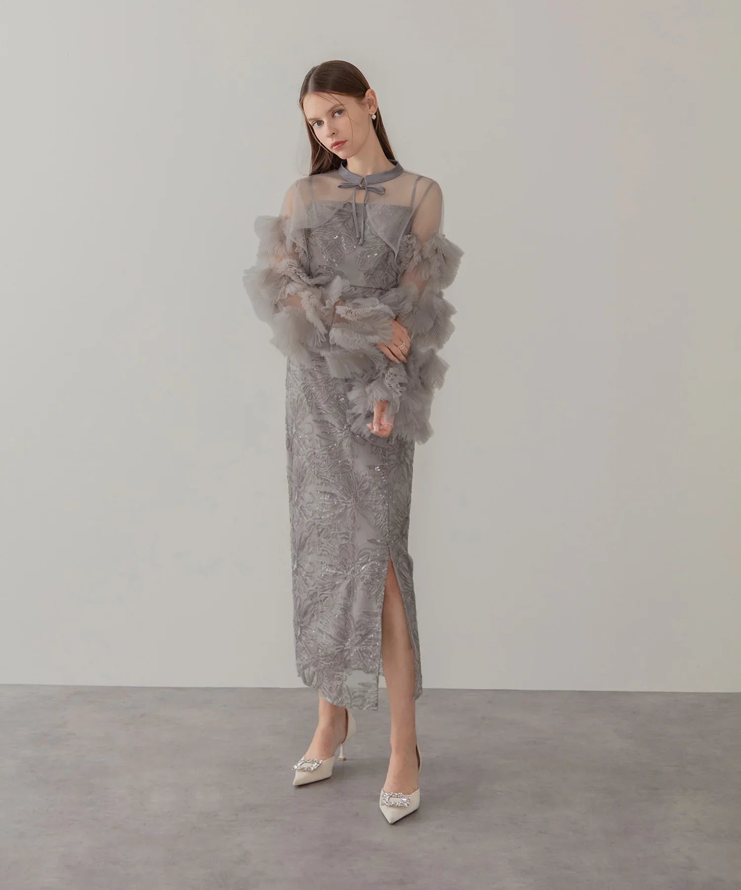 一部当日発送】フリルチュールスリーブリボンIラインワンピースドレス