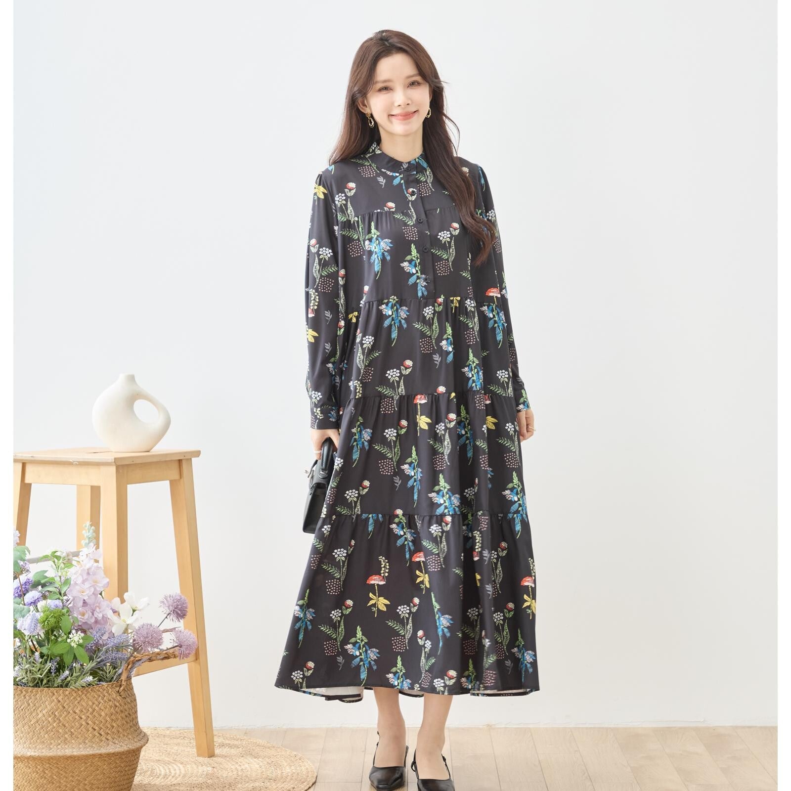 ボタニカルプリント ティアードワンピース 長袖 フロントボタン 花柄