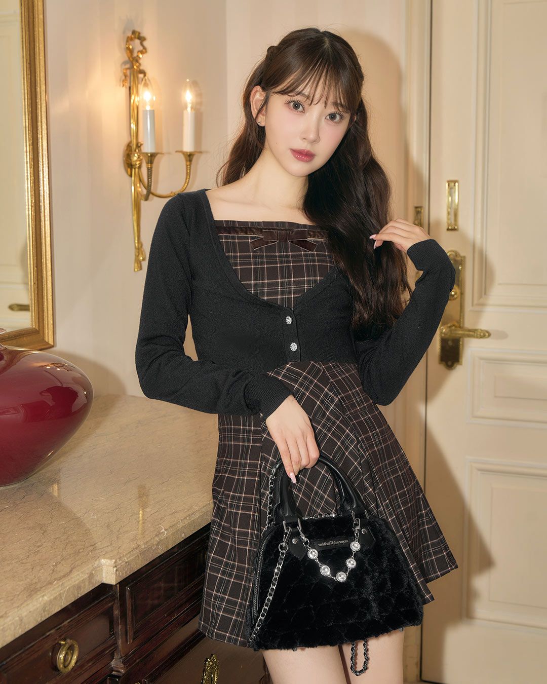 オリジナルチェック柄アンサンブルミニワンピース ミシェルマカロン