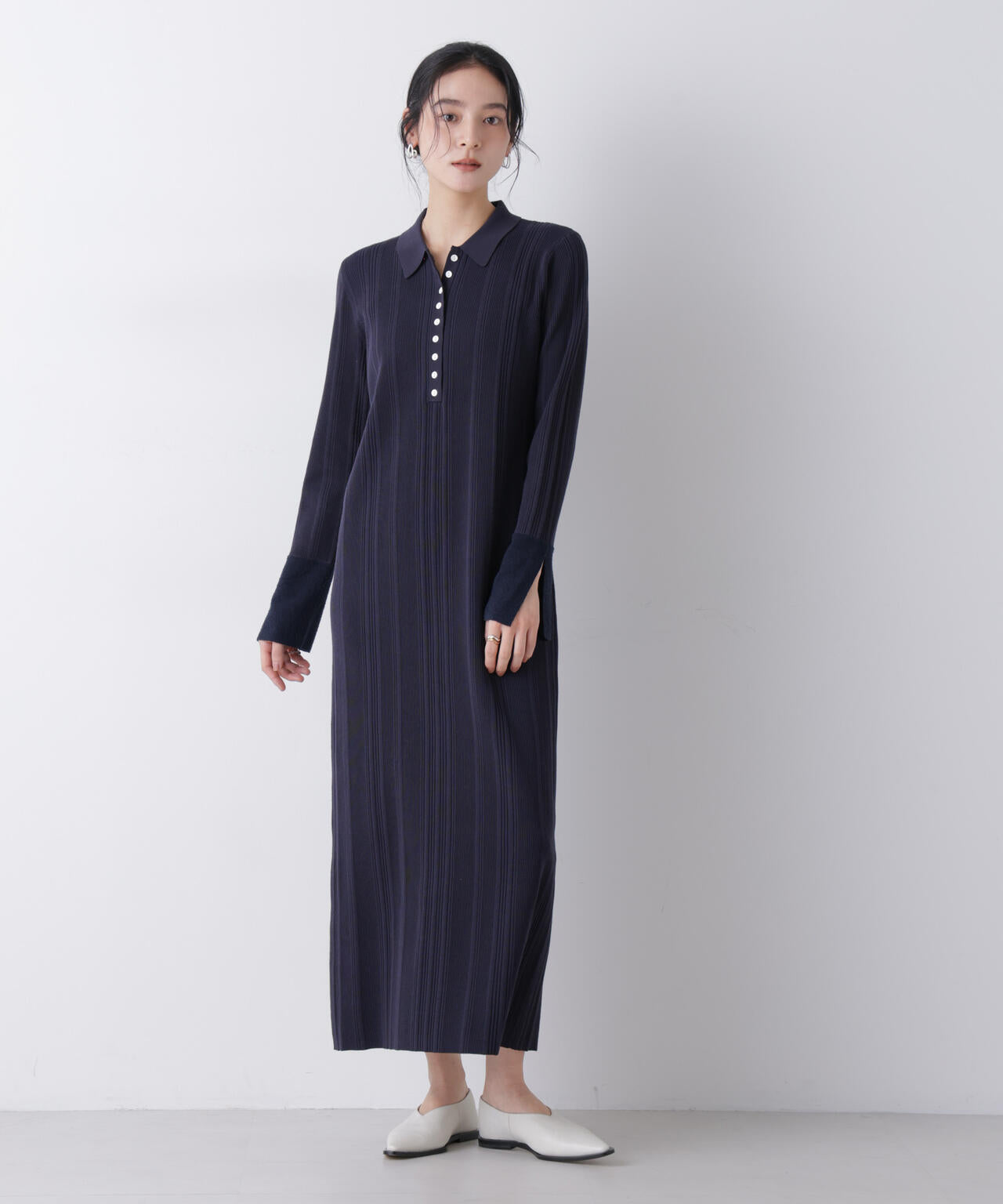 衿付き ランダムリブ ニットワンピース