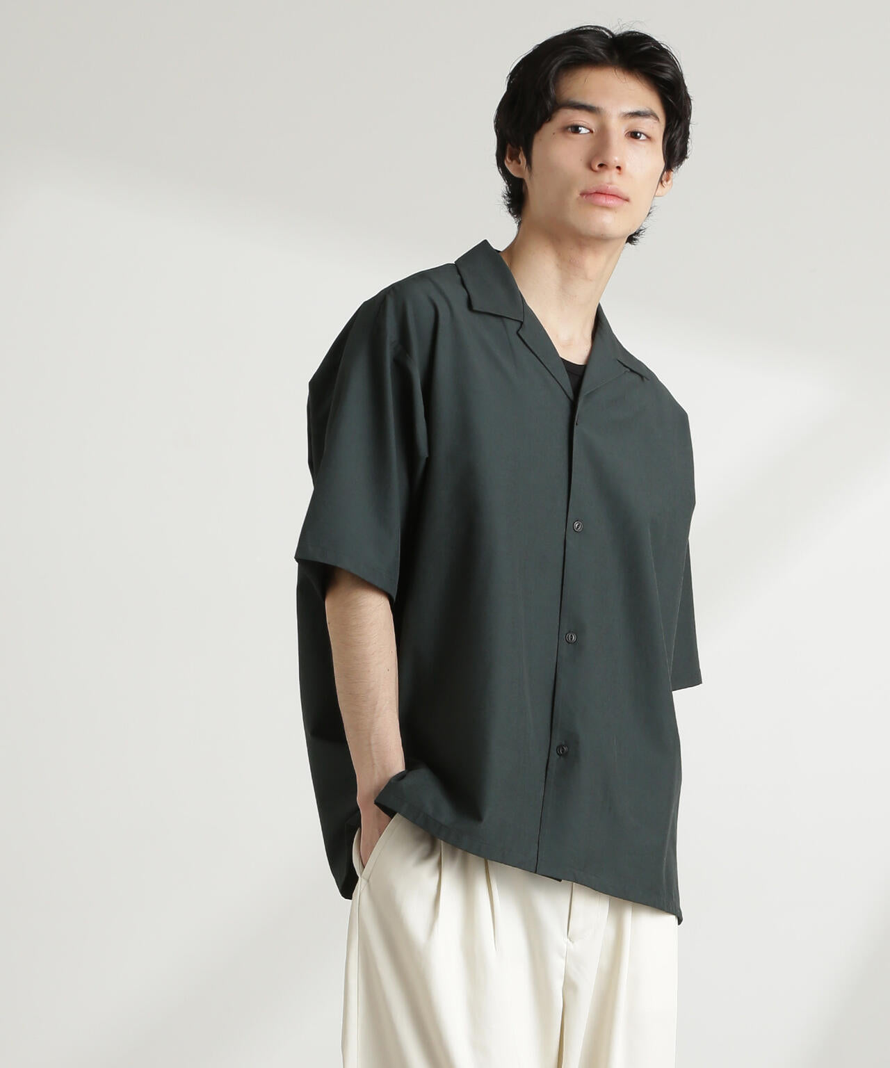 ストレッチワイド オープンカラー シャツ 半袖