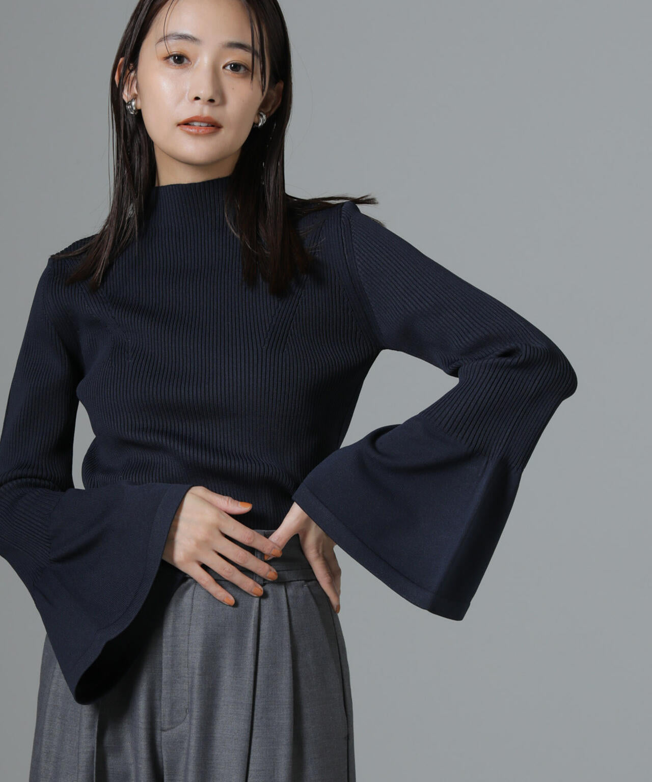 ハイネック ベル スリーブ リブ ニット プルオーバー