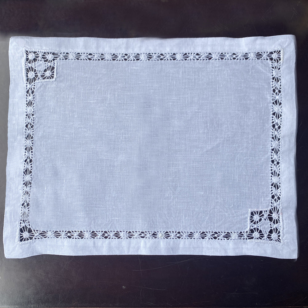 T2778 フランスアンティークリネンテーブルクロス 手刺繍＆ドロン