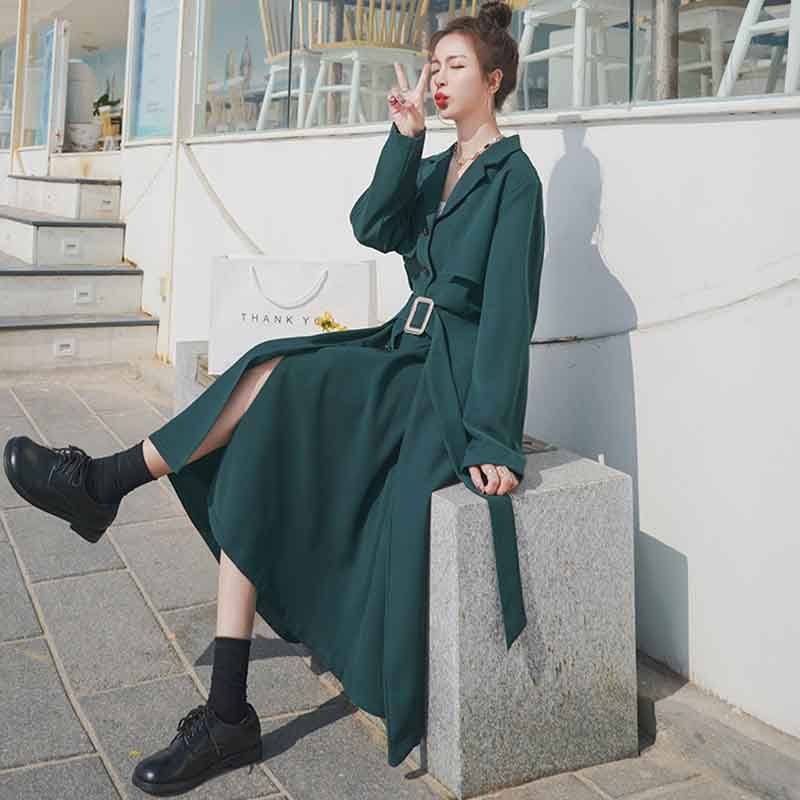 ビンテージ風ベルト付きVネックワンピース(2colors)（黒・緑） 綺麗め