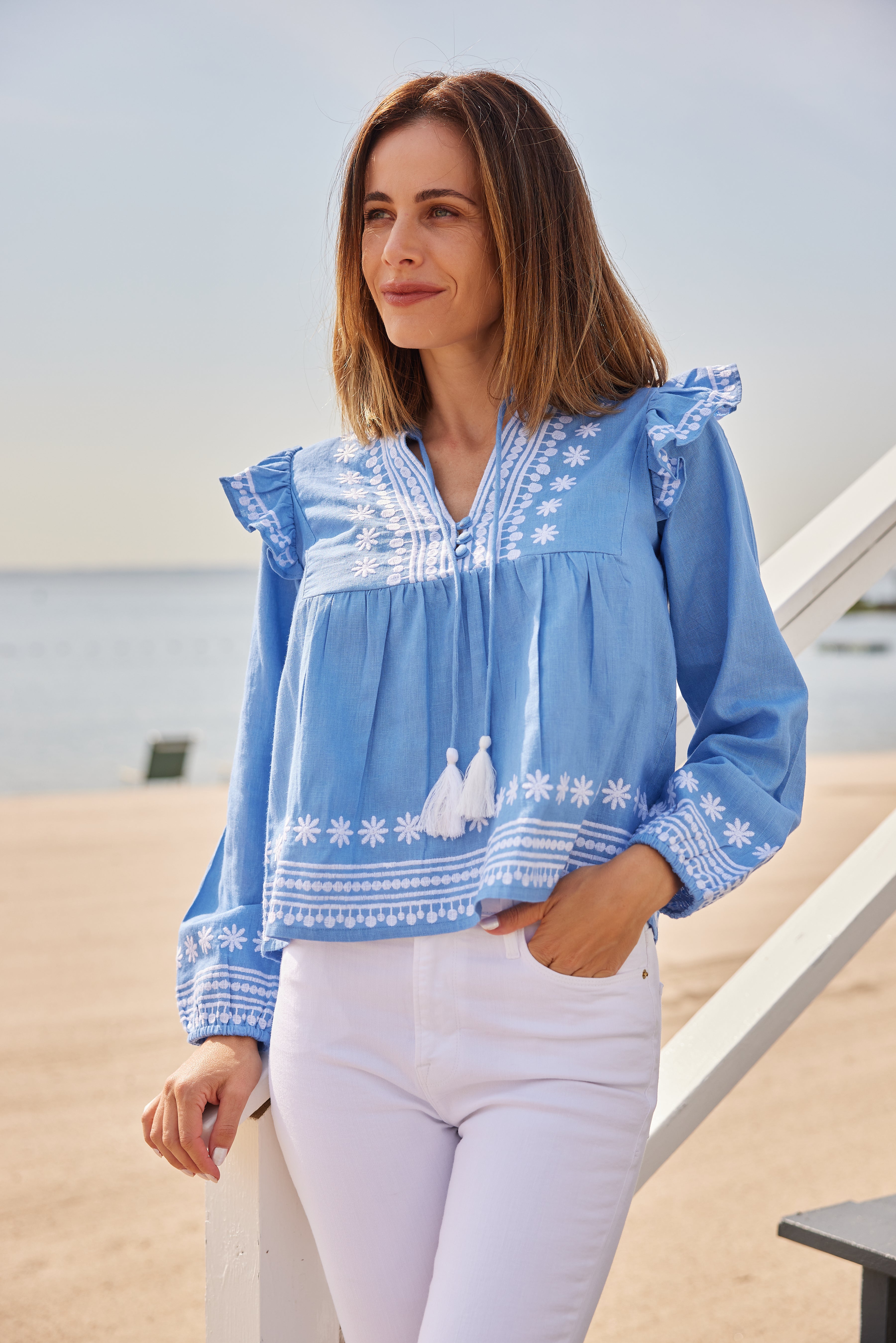 Embroidered Marina Ruffle Front Blouse with Tassels – Sail to Sable