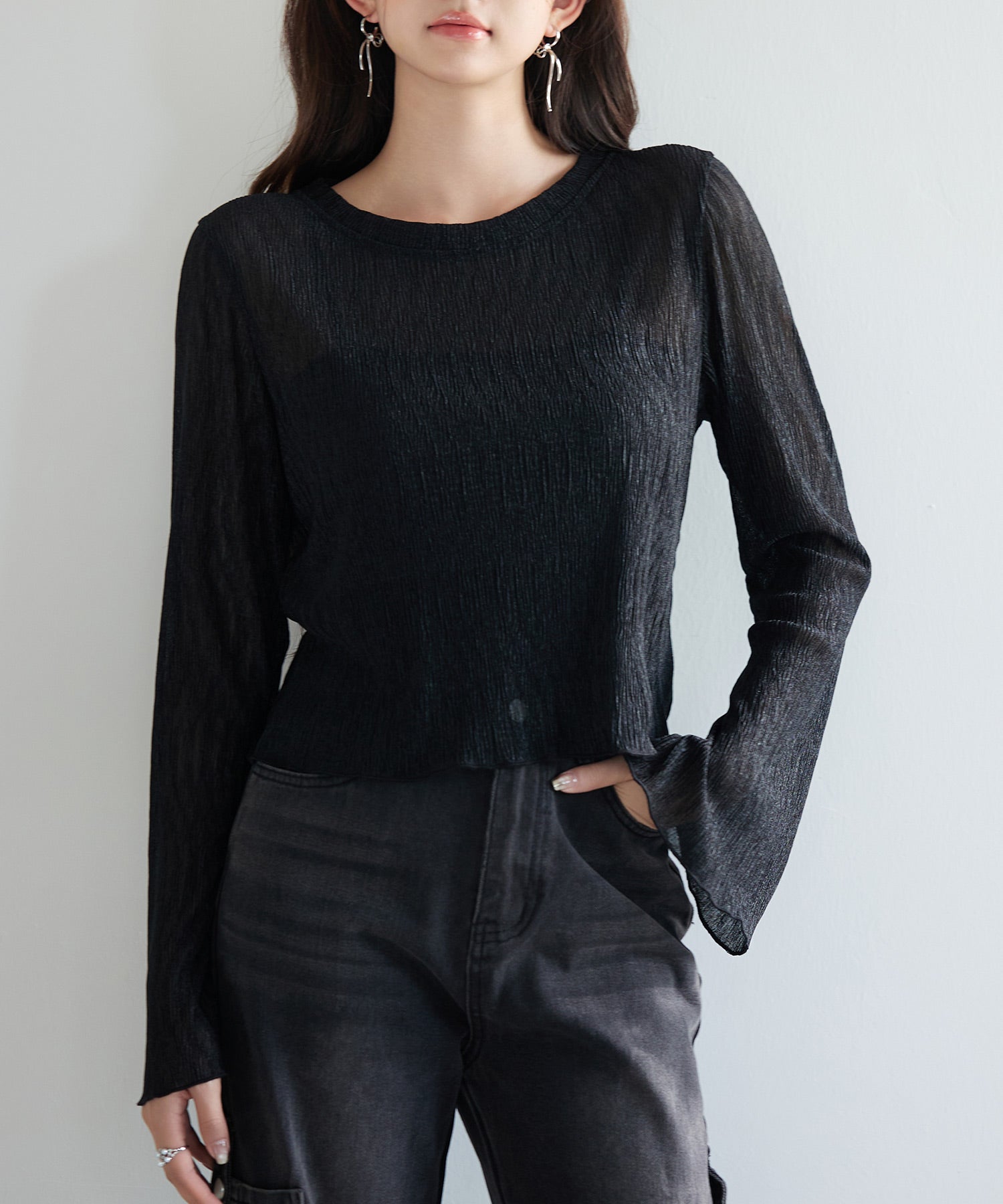 フレアスリーブショート丈シアートップス sdpsy003 ブラック – [公式