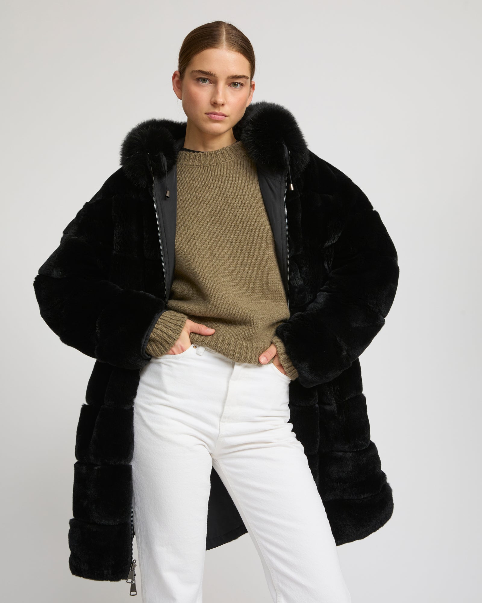 Hooded coat in technical fabric reversible rex rabbit fur - black