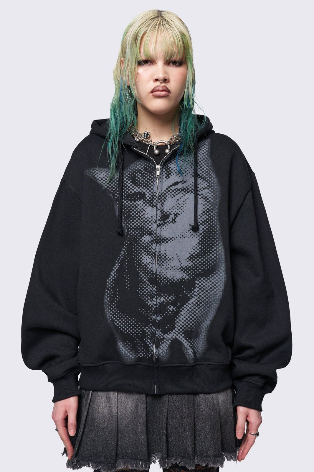 Kitty Graphic Oversized Zip Up Hoodie in Black | Minga London