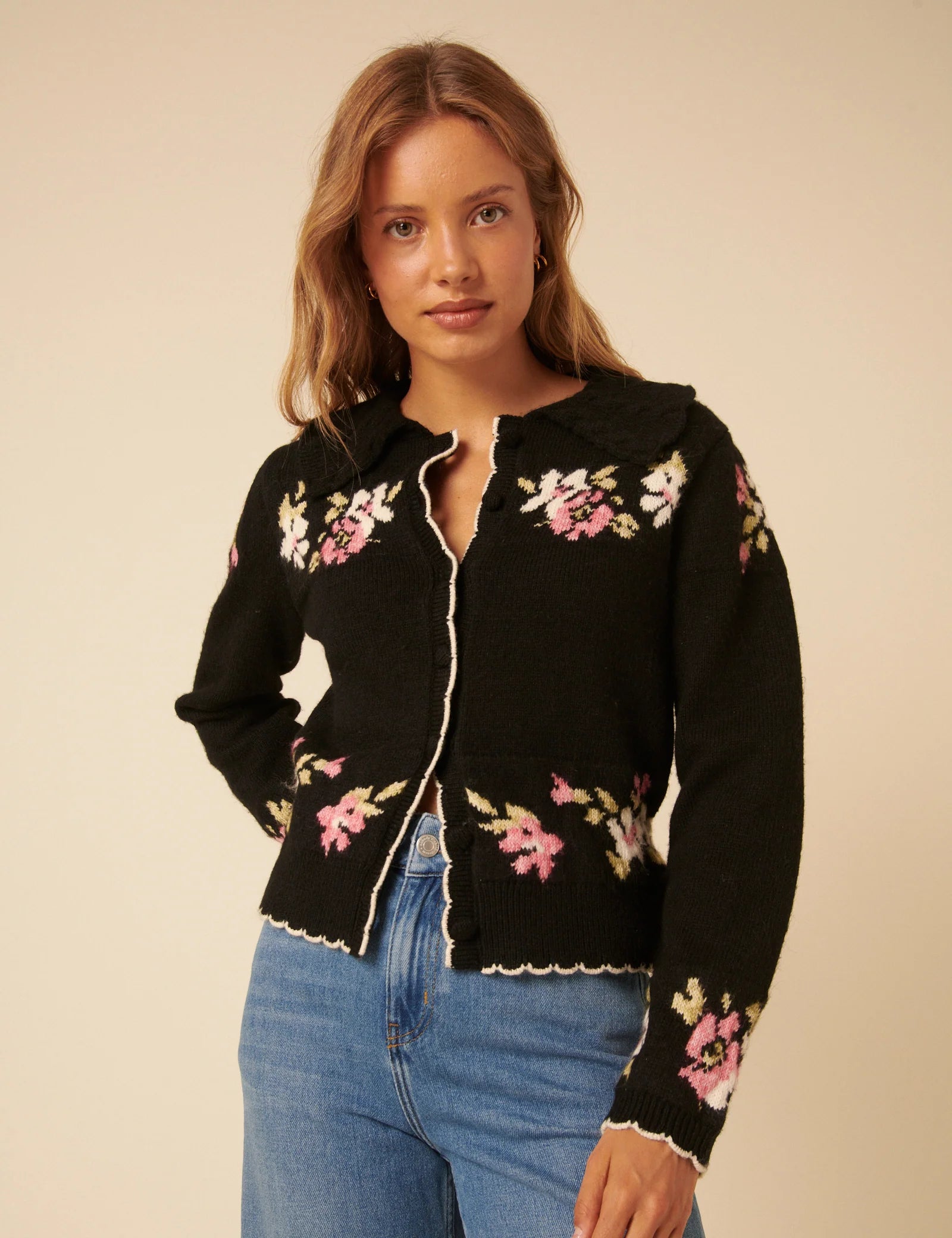 Carla Jacquard Collared Cardigan, Floral Black – Wardrobe At The Cross
