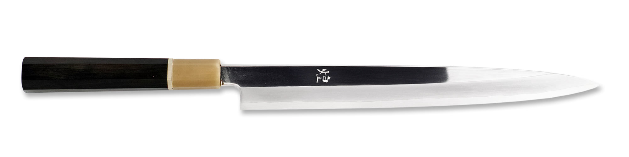 煌 スーパーゴールド2 鏡面仕上 柳刃包丁 黒檀白水牛洋白巻柄 – 堺