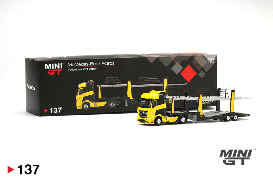 MINI GT #137 1:64 Mercedes Benz ACTROS Yellow with Car Carrier – J