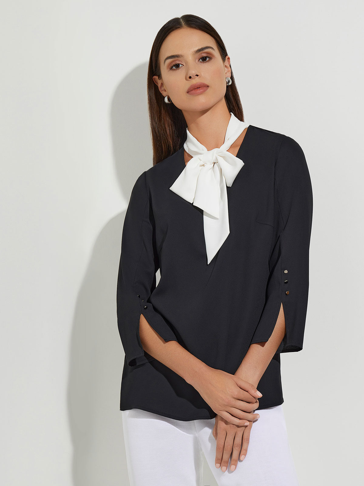 Black Tie Neck Blouse - Black Long Sleeve Blouse | Misook