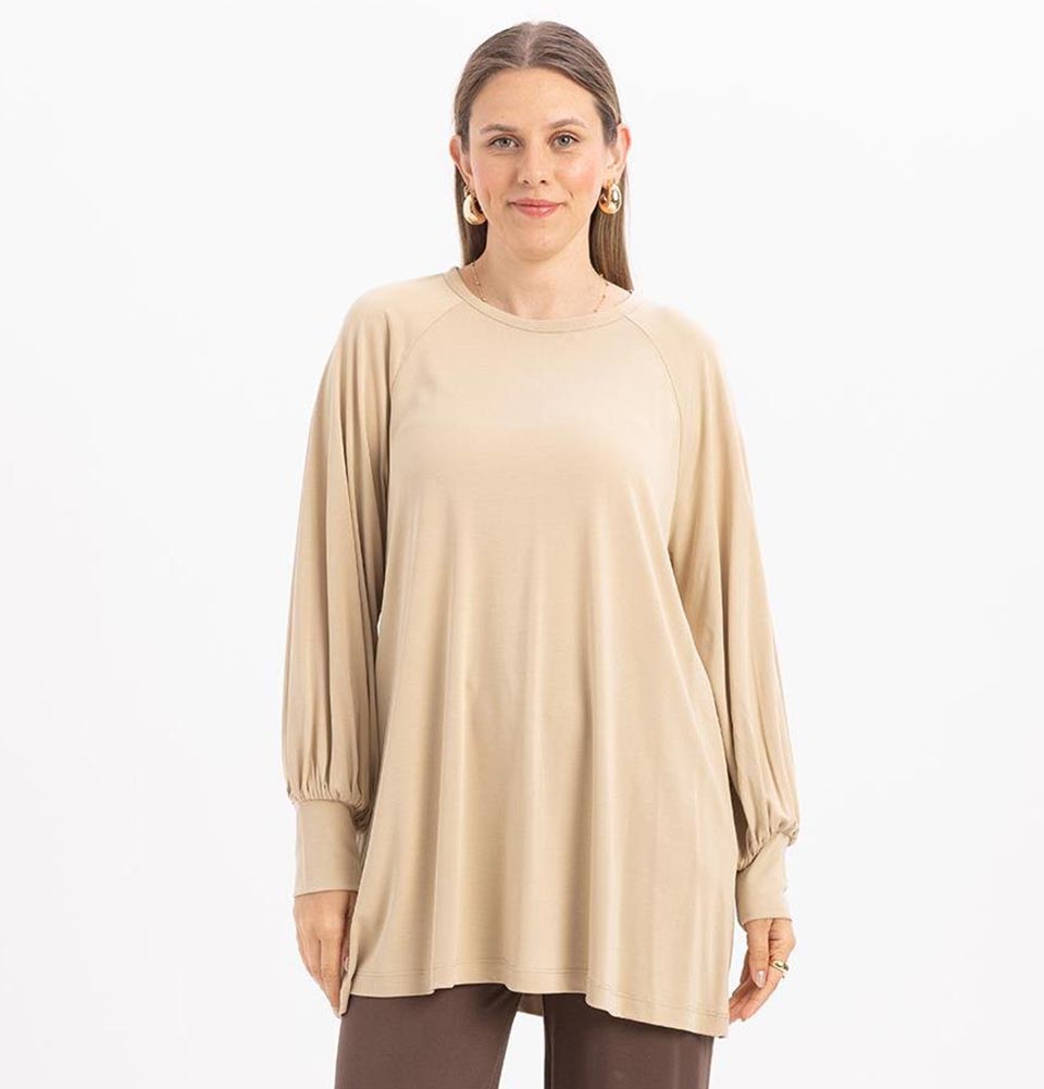 Modest Muslim Women's Long Sleeve Modal Tunic -M20023 Beige