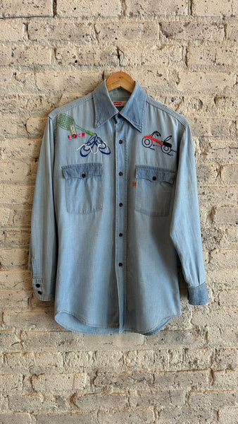 1970's Levi's Hand Embroidered Bike Chambray Shirt in Light Blue