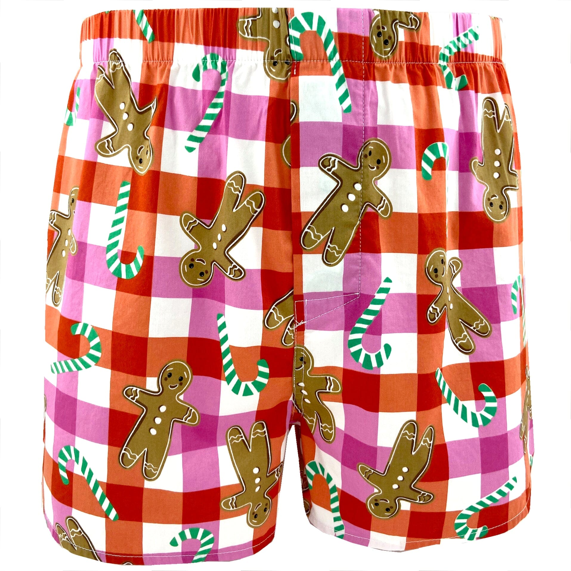 Men's Festive Red Gingerbread Man Candy Cane Print Plaid Boxer Shorts