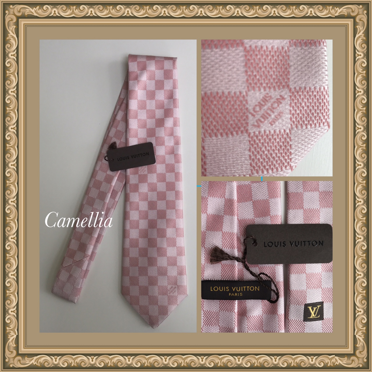 未使用 紙タグ付 ルイヴィトン ダミエ シルク ネクタイ ピンク系