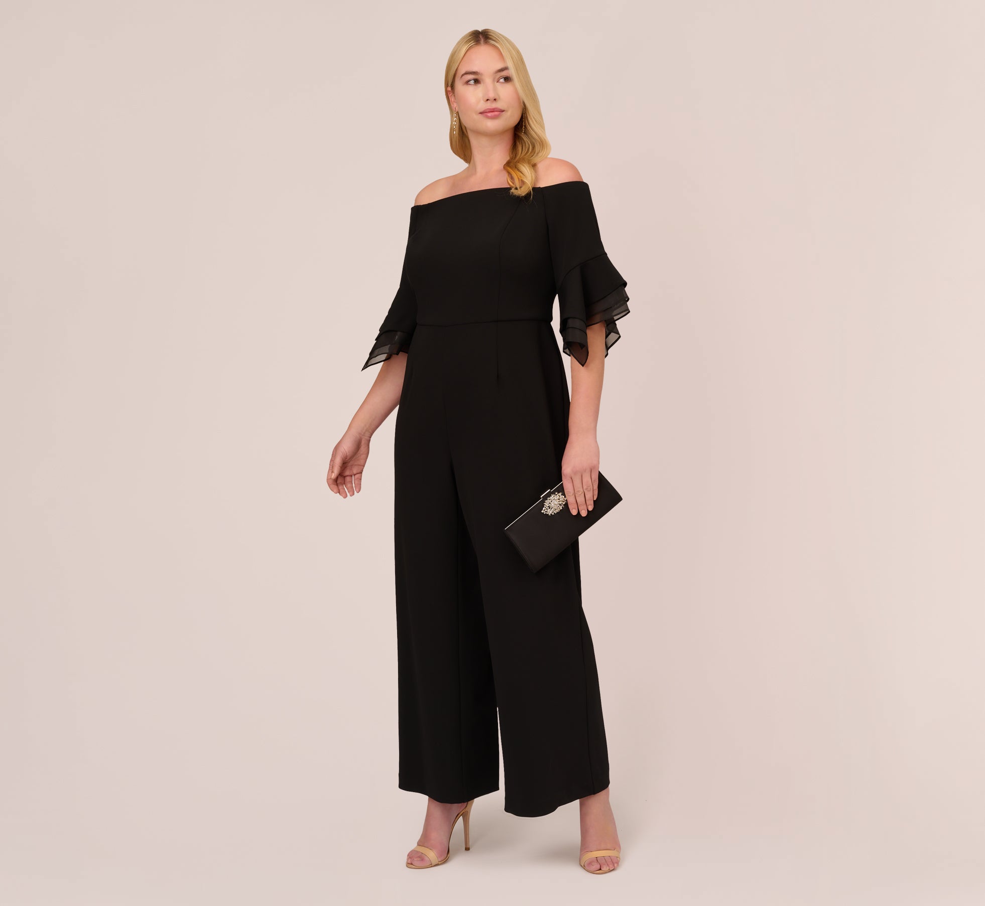 Plus Size Off The Shoulder Crepe Jumpsuit With Organza Sleeves In