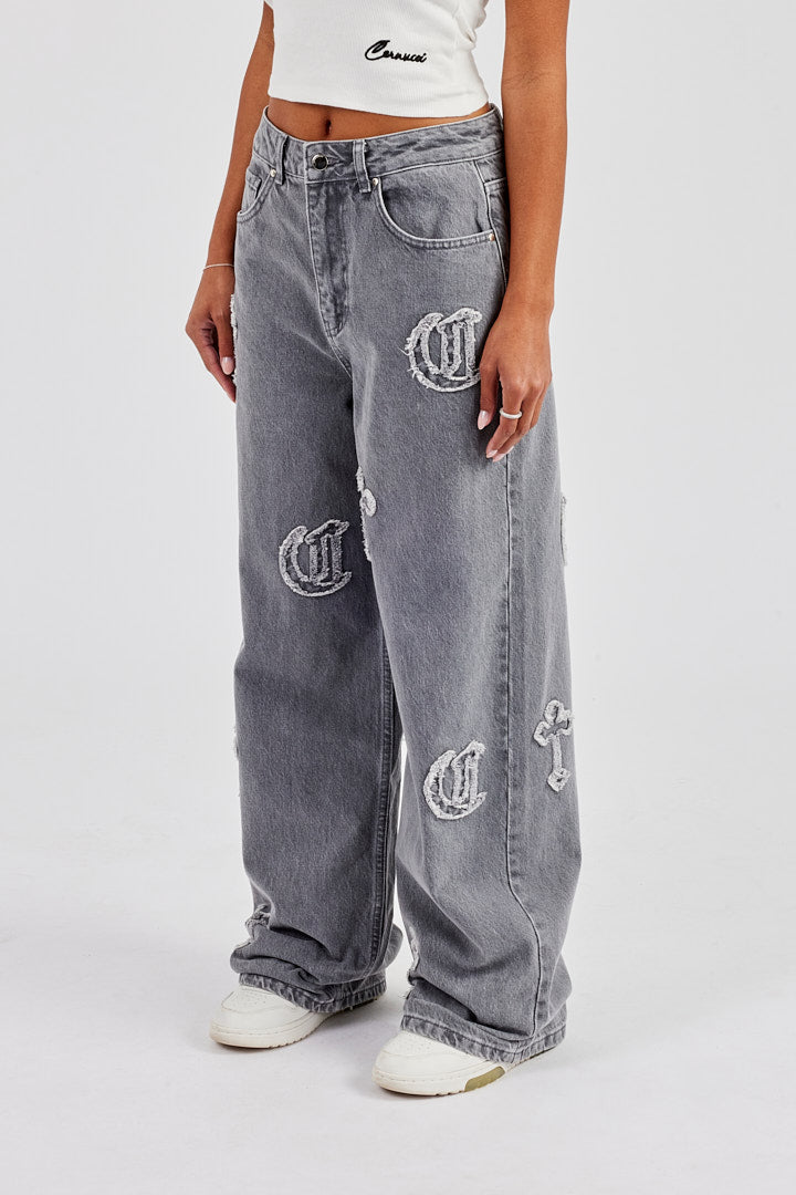 Ladies Raw Edge Applique Cross Baggy Jean - Washed Grey | Womens