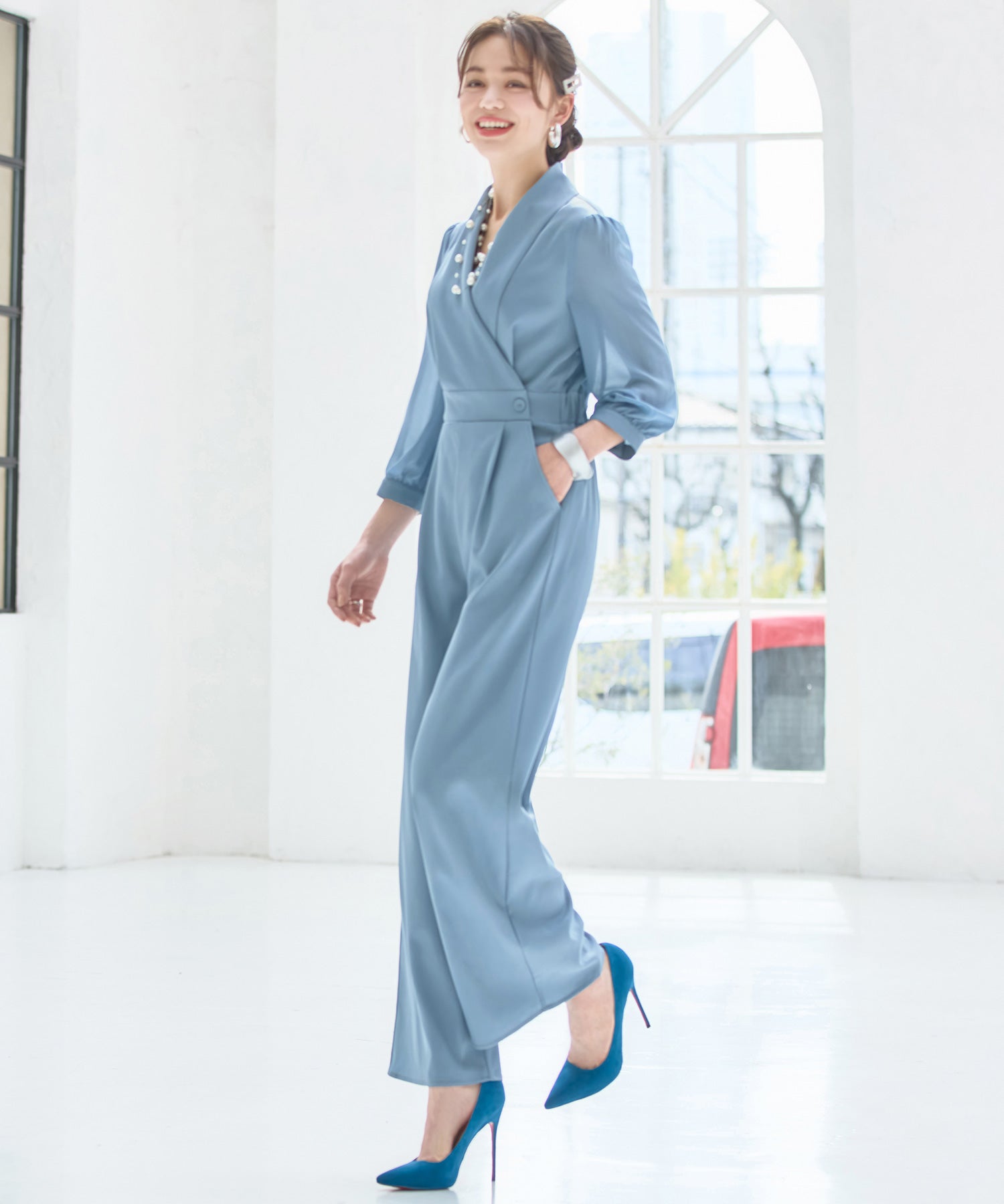 ジャンプスーツ パンツドレス シフォン S M L XL パーティー 結婚式