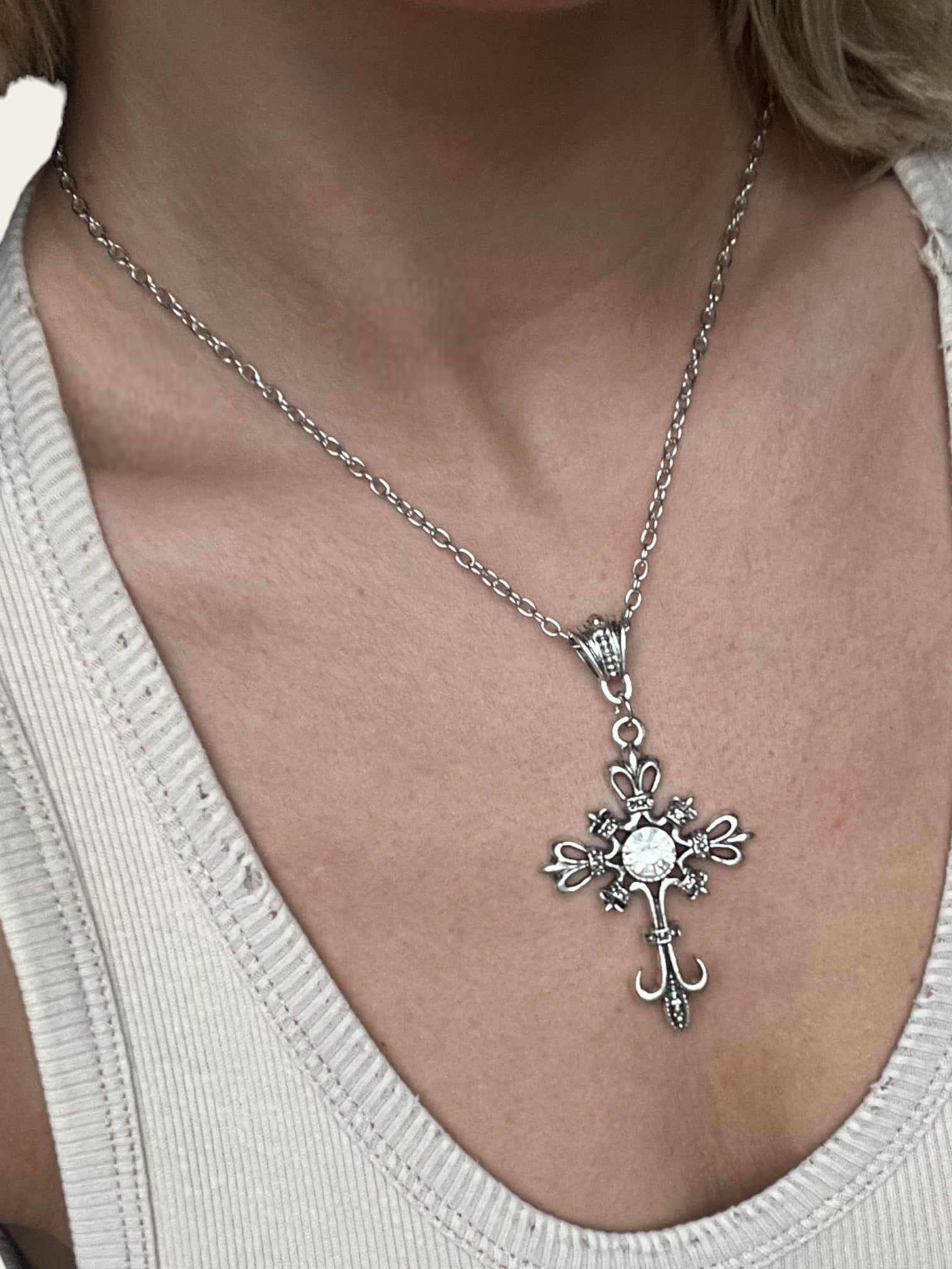 Gothic Cross Necklace - White - Ynez Project