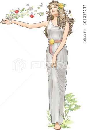 花を撒く春の女神・アール・ヌーヴォー風のイラスト素材 [101015259