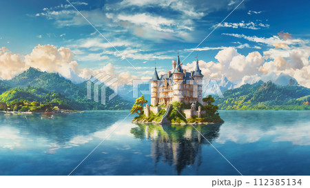 湖に浮かぶヨーロッパの城のイラストのイラスト素材 [112385134] - PIXTA