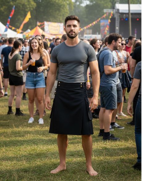 Black Utility Kilt with Flap pockets and Buckle Strap - TUK