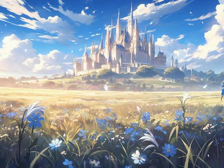 ファンタジー風なお城と花咲く草原_背景画イラスト - No: 25268321