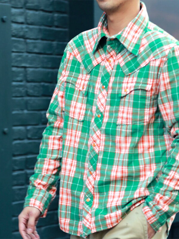 TMT チェック シャツ メンズ レディ―ス グリーン オレンジ ダブル