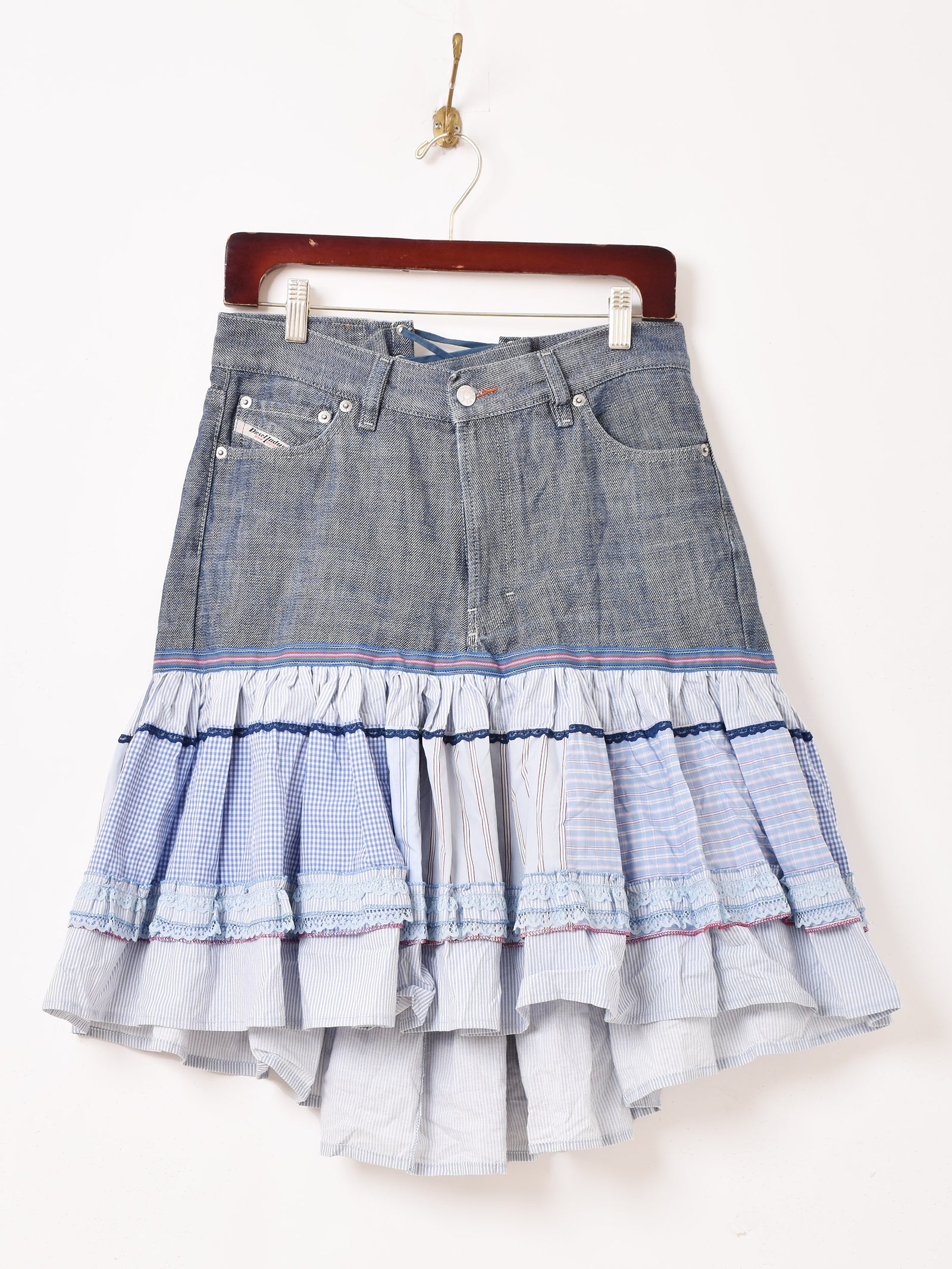 イタリア製 デニム×チェック柄 フリルスカート – 古着屋Top of the