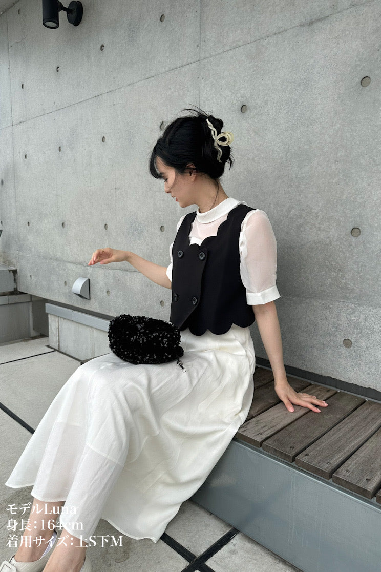 そばかすができた》スカラップデザインダブルブレストベスト-Black