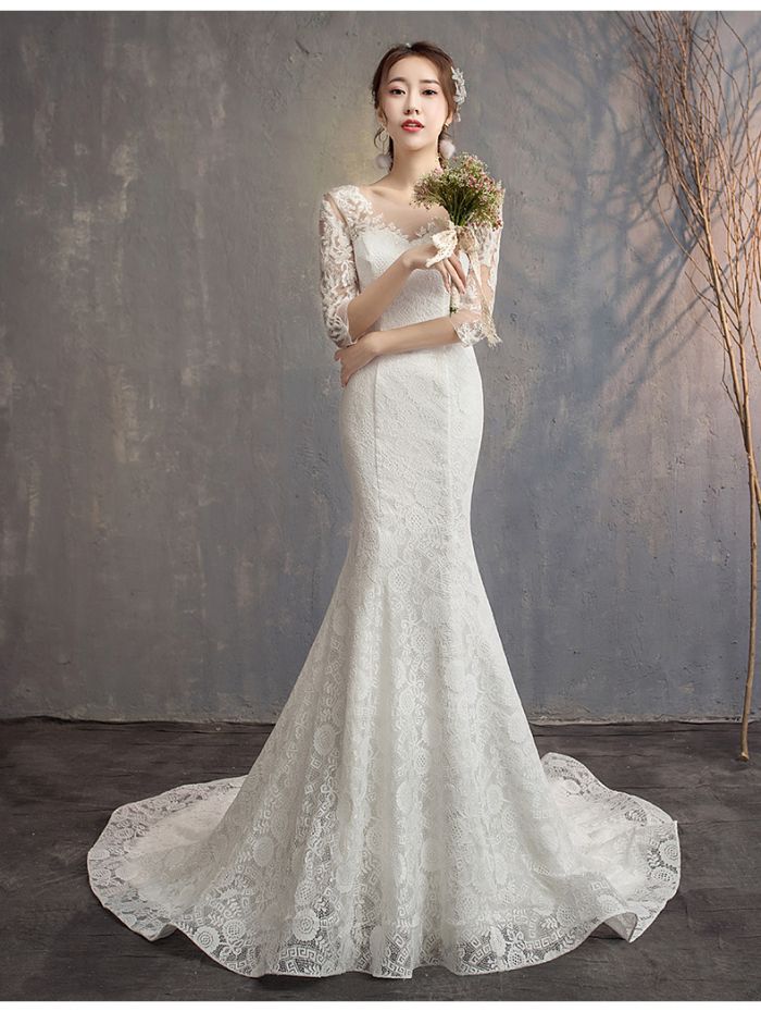 楽天市場】ウェディング ドレス マーメイド トレーン 五分袖 秋 冬