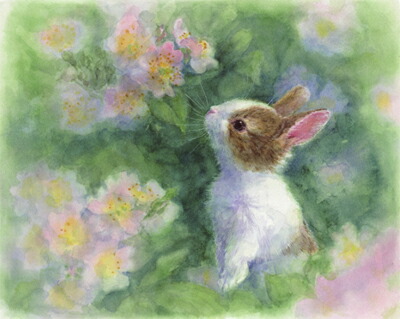 楽天市場】土田穣 絵画・アート(版画額装品)/ピンクの花/ウサギ