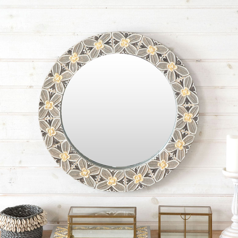 楽天市場】ラウンドミラー 木彫り風 花モチーフ 壁掛けミラー 径約52cm
