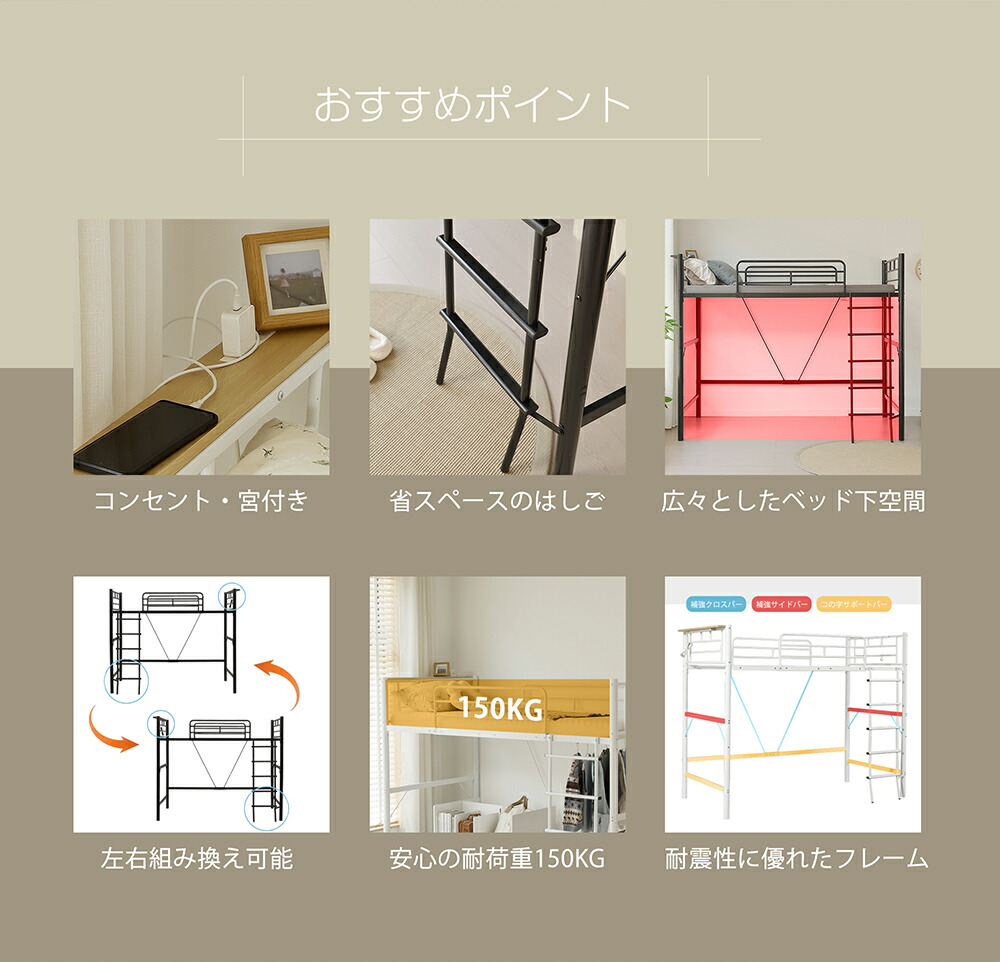 楽天市場】ロフトベッド パイプ シングル コンセント付き 宮棚 左右