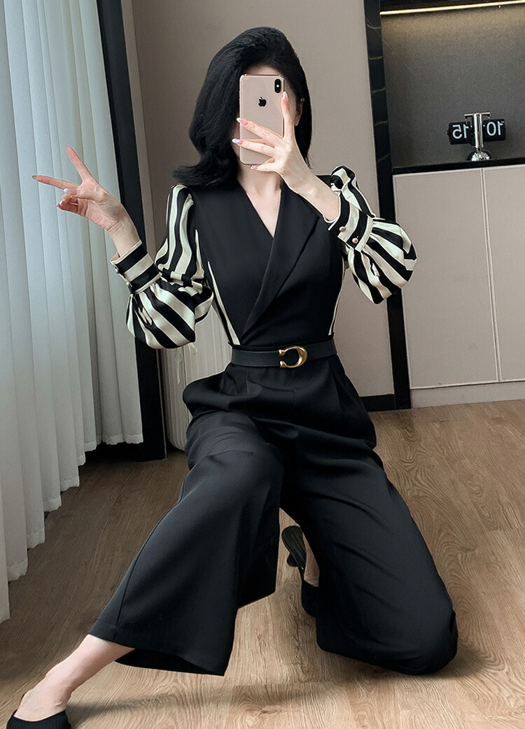 楽天市場】パンツドレス 襟付き オールインワン ストライプ袖 長袖