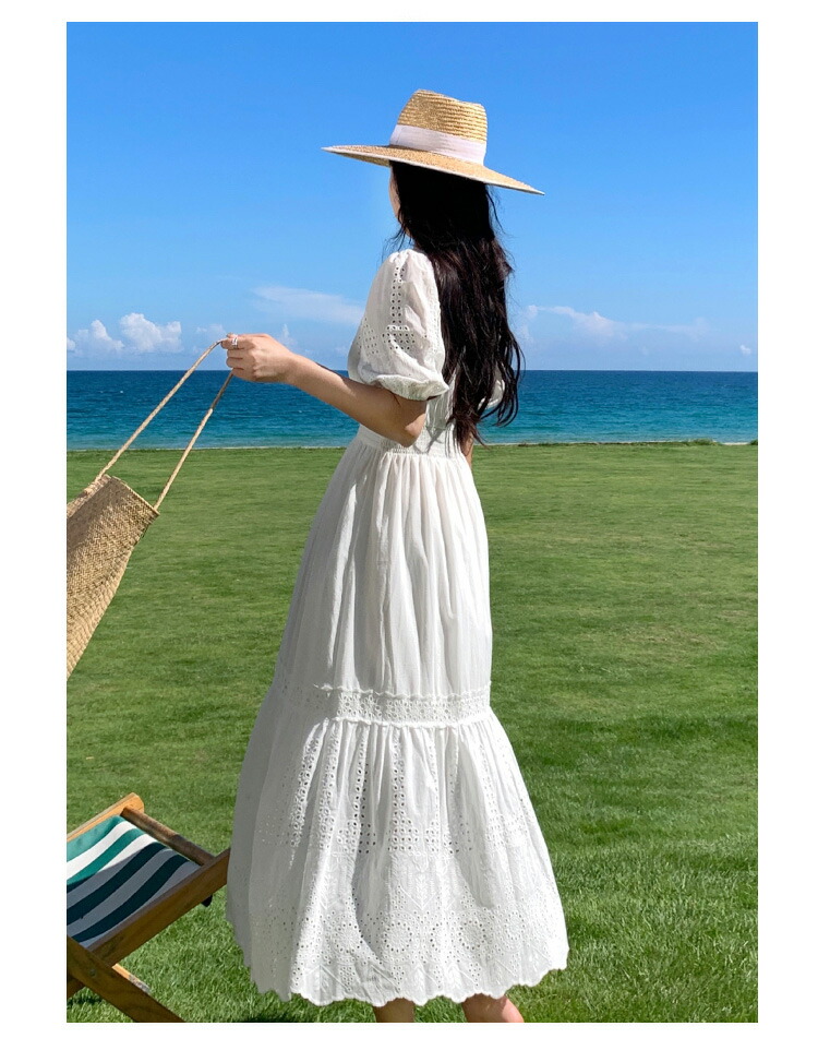 楽天市場】リゾートワンピ カットワークレース 花柄刺繍 白 ボタン付き