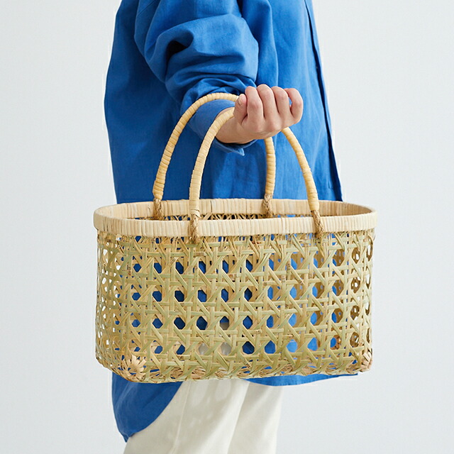 楽天市場】八つ目編み青竹かご(楕円/籐取手)(約)幅38×マチ17×本体高さ