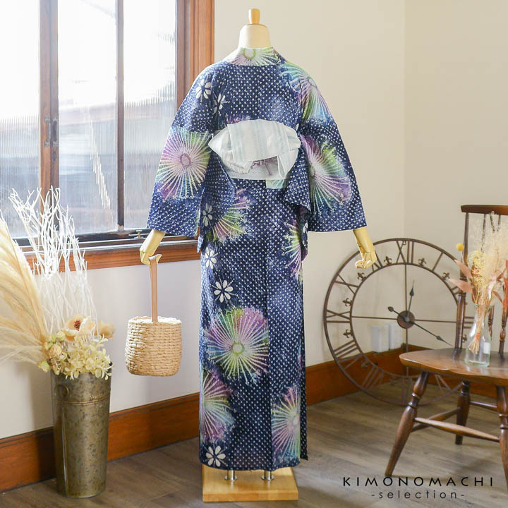 楽天市場】お仕立て上がり絞り浴衣単品 花しぼり「スターライト 紺×虹