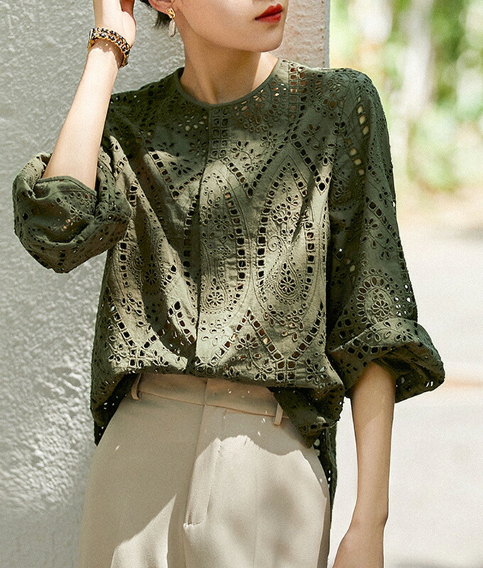 楽天市場】送料無料 トップス ブラウス シャツ 羽織 長袖 カットワーク