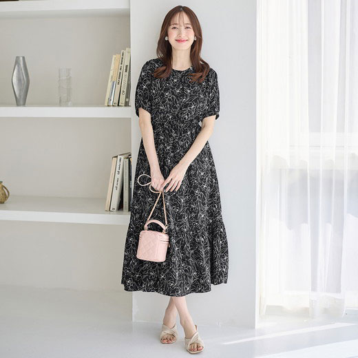 楽天市場】線画タッチ花柄ギャザー切替ワンピース レディース 夏