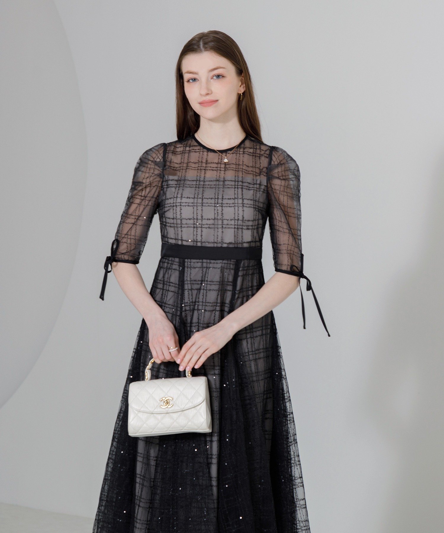 Leja｜LEJA-チェック刺繍スパンコール袖リボンワンピースドレス結婚式