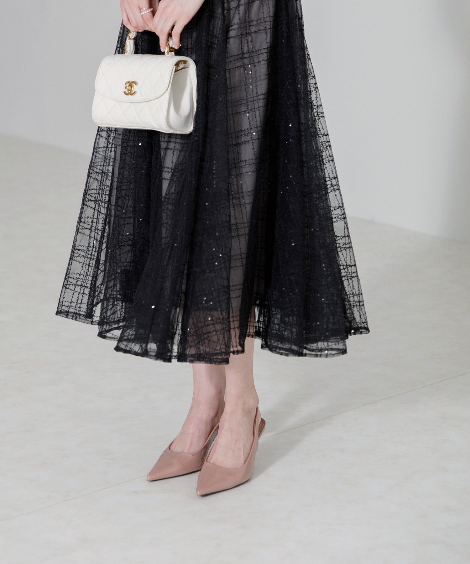 Leja｜LEJA-チェック刺繍スパンコール袖リボンワンピースドレス結婚式