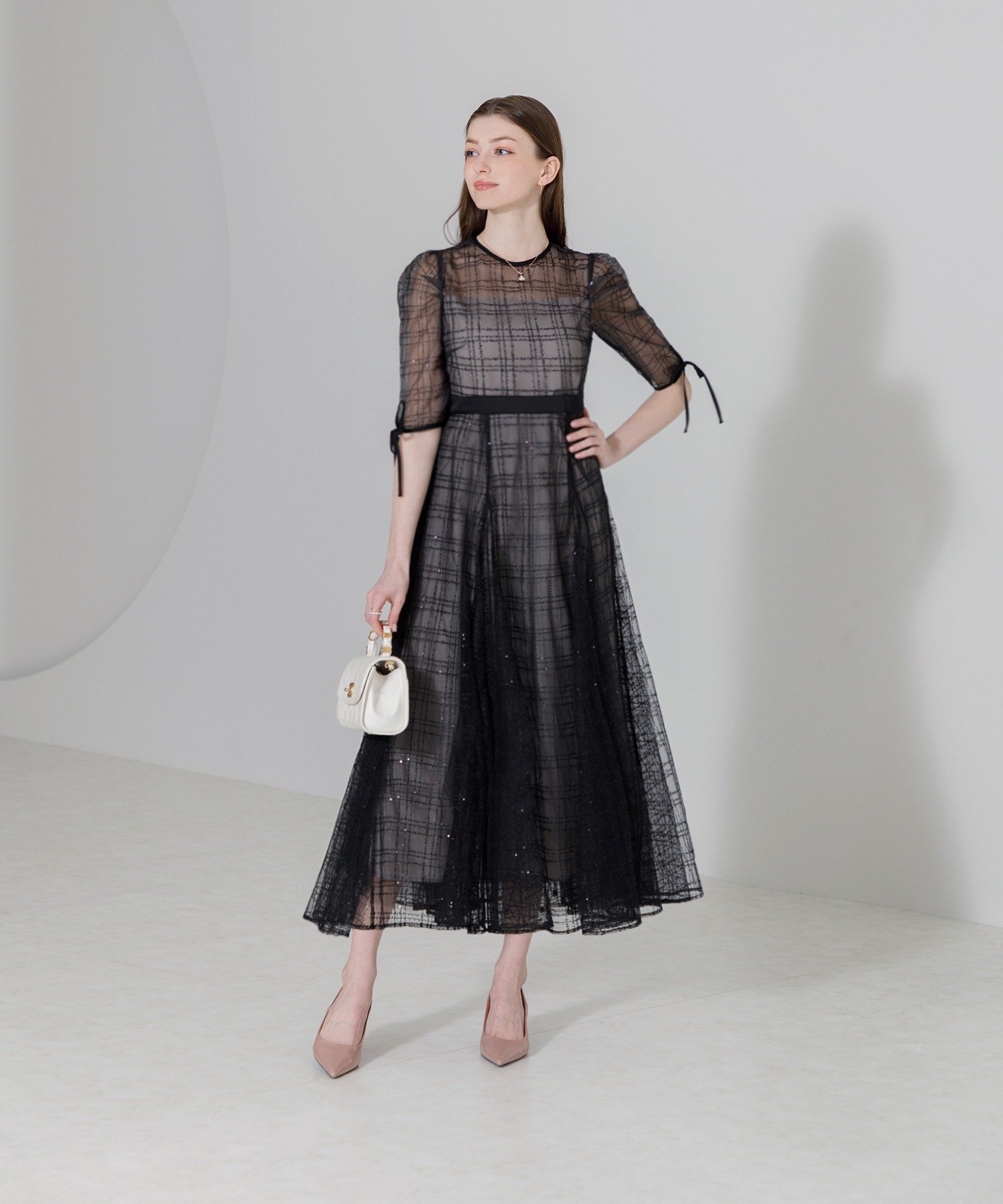 Leja｜LEJA-チェック刺繍スパンコール袖リボンワンピースドレス結婚式